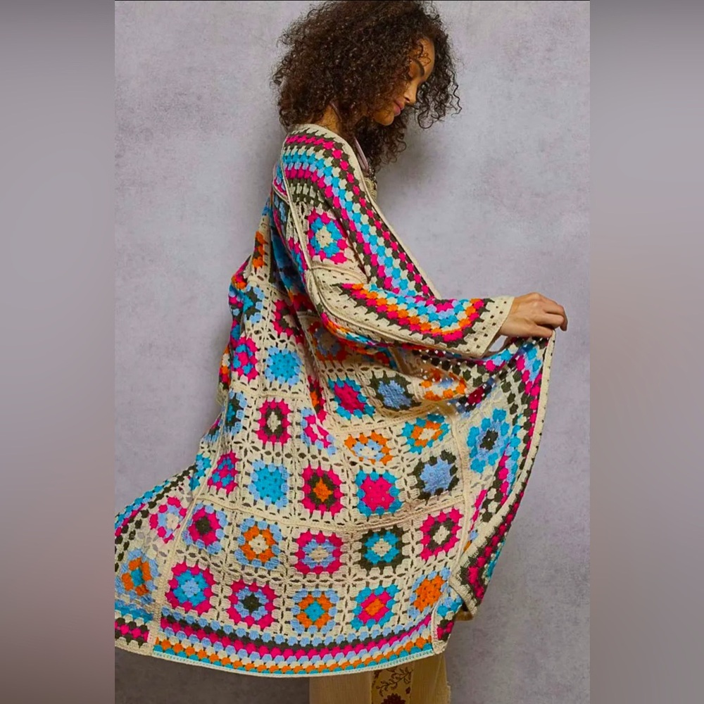 POL Multicolor Crochet Granny Square Cardigan - Cream Base with Bright Accents